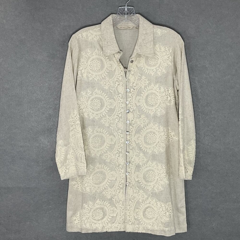 Soft Surroundings Top Womens Sz XS Beige Linen Blend Button Up 3/4 Sleeve Tunic